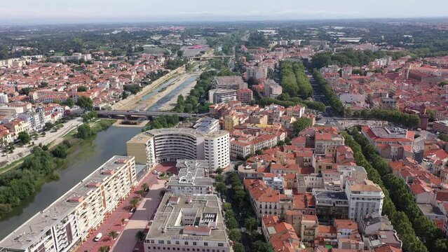 Aerial view of Archipel Theater and the city center of Perpignan in France
