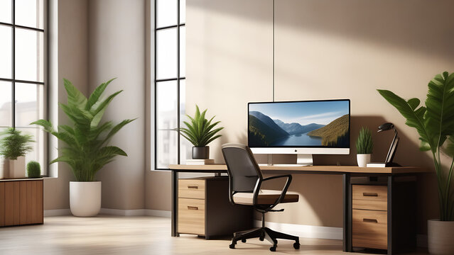 Modern office interior with table, modern computer , interior of work place in light  colours