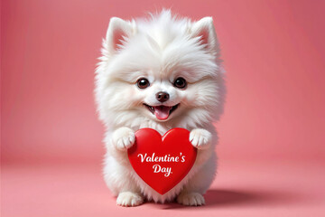 Obraz premium 3D cartoon of a lovable pomeranian spitz puppy with red heart and text Valentine's dsy.