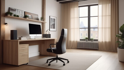 Fototapeta premium Modern office interior with table, modern computer , interior of work place in light colours