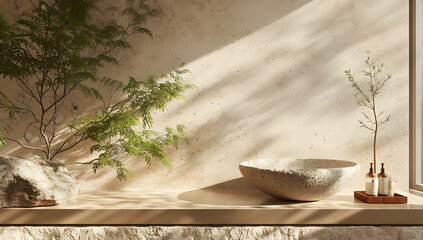 natural stone dish on the table with plant 3d render 