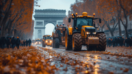 Tractors vehicles blocks city road traffic. Farmers' strike in Europe. Tractors have paralyzed the city. Farmers' tractors in the center of European capitals. Generative Ai - obrazy, fototapety, plakaty