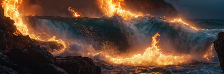 wave crashes into some rocks, which are on fire. The water is a dark color