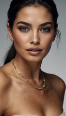 Retrato de mujer joven latina con collar elegante y pelo largo adecuado para anuncio de belleza, cosmética , moda y joyería