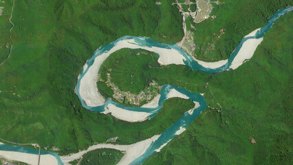 Village of Kizuro, the loop, village on a peninsula in the river looking down aerial view from...