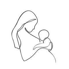 Woman with baby one line vector drawing, mom holding her child in her arms, looks at him with maternal love and affection, image drawn by hand by single continuing line