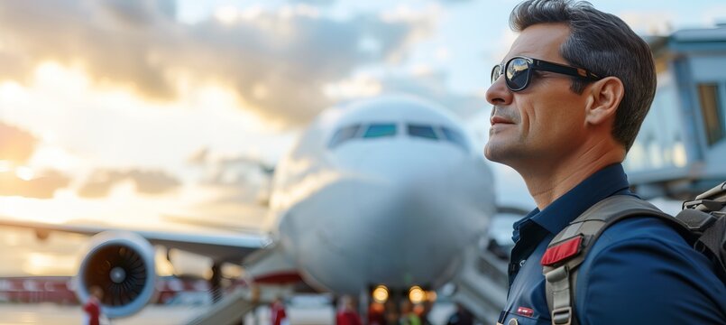 Experienced captain in uniform and sunglasses, ready for corporate airline flight at airport