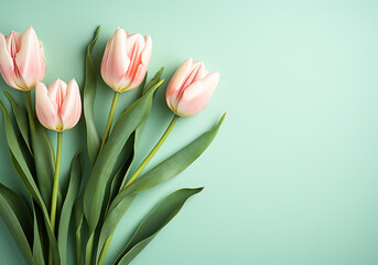 Minimalist background with tulips in spring colors for invitation card. Wedding, Mother's Day, Valentine's Day or other events