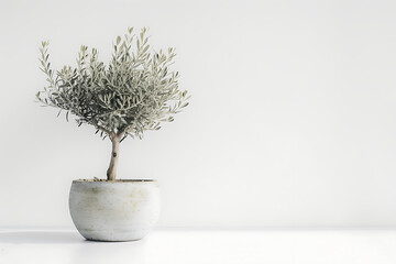 olive tree growing in pot on white background in