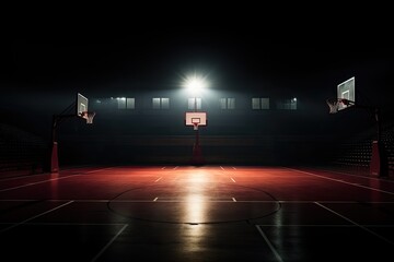 basketball court illuminated with basketball hoop - obrazy, fototapety, plakaty