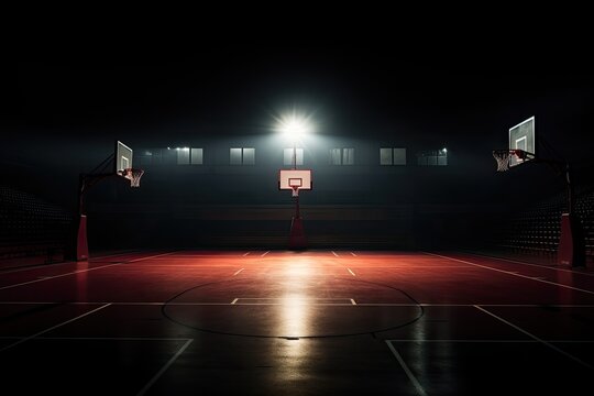 basketball court illuminated with basketball hoop