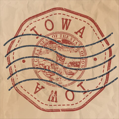 Iowa, USA Stamp Travel Passport. Design Retro Symbol Country. Old Vintage Postmark.