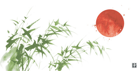 Obraz na płótnie Canvas Green bamboo and big red sun, symbol of Japan on white background. Traditional Japanese ink wash painting sumi-e. Hieroglyph - happiness.