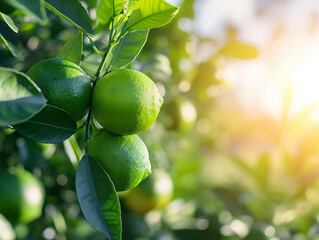 Obraz premium Sunlight flares through lush lime trees full of ripe fruit.