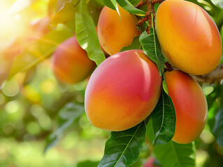 Ripe mangoes dangling on the tree, ready for the picking. - obrazy, fototapety, plakaty