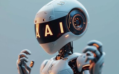 Futuristic Robot with Digital Eyes Displaying Letters AI