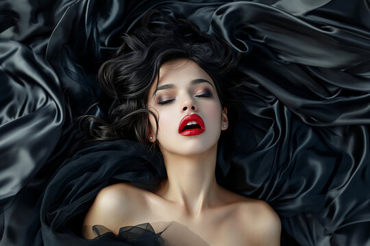 Young European woman having orgasm. Beautiful woman with open mouth and closed eyes enjoying sex lying in bed among black silk. Red lips. Sexual experience, masturbation, cunnilingus.