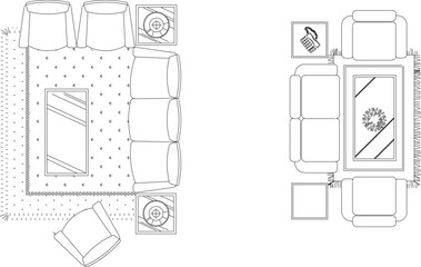 Vector sketch illustration of living room interior arrangement design with sofa and chairs