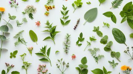 A flat lay of herbal leaves and flowers creating a natural medicinal tableau. - obrazy, fototapety, plakaty