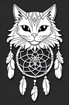 cat dream catcher. Coloring book antistress for children and adults. Illustration isolated on white background. Zen-tangle style. Hand draw. Sketch for anti-stress colouring book in zen-tangle style.