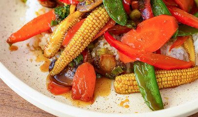 Stir fry vegetables on plate. Vegetarian food, bell pepper, broccoli, mushrooms, corn. Homemade fresh fried vegetables for restaurant, menu, advert or package, close up, selective focus