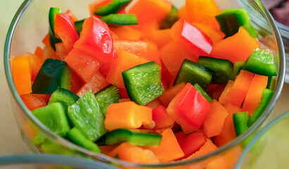 Healthy fresh meal cooking, mix of bell pepper for stir fry in bowl. Homemade fried vegetables for restaurant, menu, advert or package, close up, selective focus.