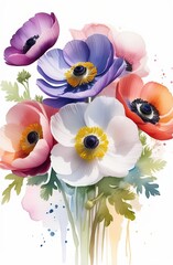 Fototapeta na wymiar Bright, multicolored anemones on a white background. Vertikal watercolor illustration for design, print or background