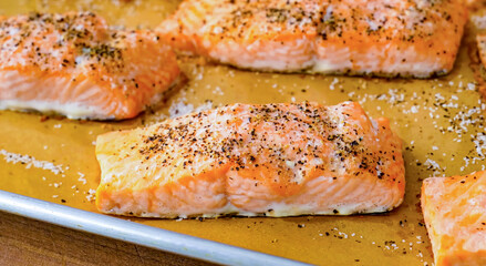 Roasted salmon fillet on plate. Homemade cooking fresh sliced salmon, serving food for restaurant, menu, advert or package, close up, selective focus