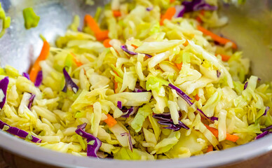 Healthy fresh meal cooking, cabbage in bowl. Homemade vegetables preparation for restaurant, menu, advert or package, close up, selective focus. - 723253901