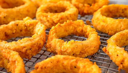 Onion rings fresh fried crunchy. Homemade onion rings for food or burger ingredient for restaurant, menu, advert or package, close up selective focus. - 723253930