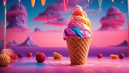 Delicious fruit ice cream with attractive colors,  retro background,