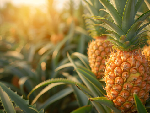Golden hour sunlight shining on pineapples in a tropical farm.