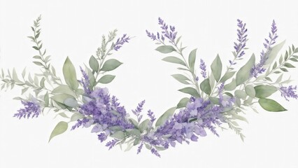Watercolor eucalyptus leaves and violet lavender flower background - obrazy, fototapety, plakaty