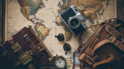 A flat lay of travel essentials like a passport camera sunglasses and map on a vintage suitcase. - obrazy, fototapety, plakaty