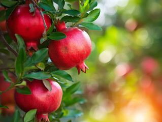 Obraz premium Sun-kissed ripe pomegranates hanging from the branches.