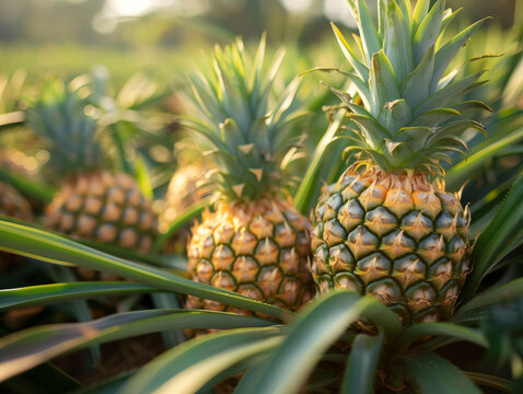 Pineapples growing in a lush farm field, basking in soft light.