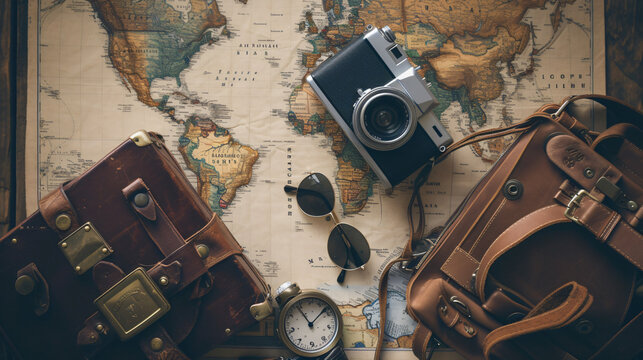 A flat lay of travel essentials like a passport camera sunglasses and map on a vintage suitcase.
