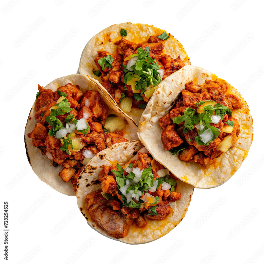 Wall mural mexican tacos with meat and vegetables isolated on transparent background. top view