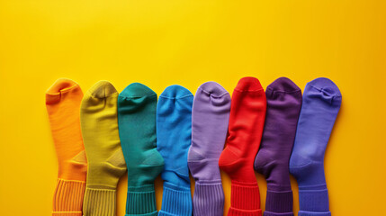  Rainbow Socks on Colorful Background, LGBTQ Pride Footwear, Minimalist Fashion
