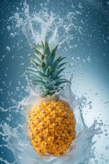 Ripe pineapple falling into water with splashes on gray blue background