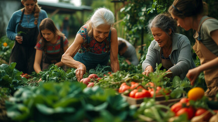 Group of senior people harvesting vegetables in the garden. Selective focus.