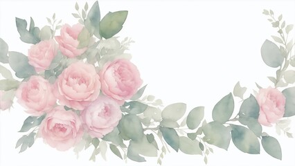 Pink flowers and eucalyptus greenery bouquet, Watercolor floral illustration, flower frame background
