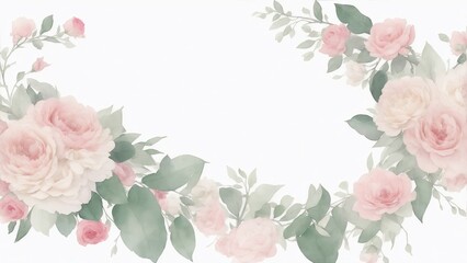 Pink flowers and eucalyptus greenery bouquet, Watercolor floral illustration, flower frame background