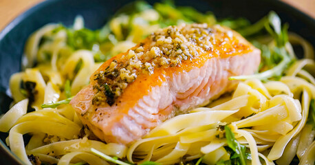 Pasta with roasted salmon fillet and herbs in bowl. Delicious homemade pasta salmon dish, serving food for restaurant, menu, advert or package, close up, selective focus - 723254966