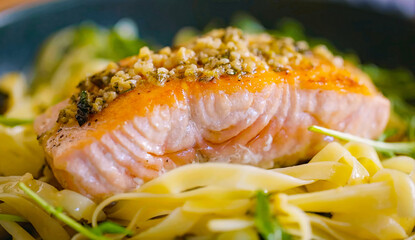 Pasta with roasted salmon fillet and herbs in bowl. Delicious homemade pasta salmon dish, serving food for restaurant, menu, advert or package, close up, selective focus - 723254971