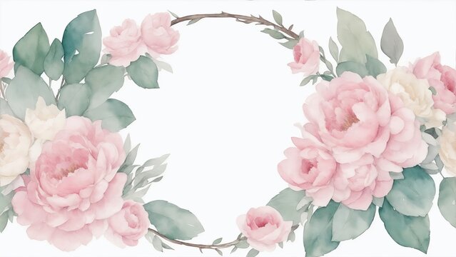 Pink flowers and eucalyptus greenery bouquet, Watercolor floral illustration, flower frame background © Reazy Studio