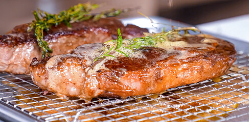 Beef steak grilled fillet meat with rosemary. Homemade cooking beef steak, serving food for restaurant, menu, advert or package, close up, selective focus - 723255321