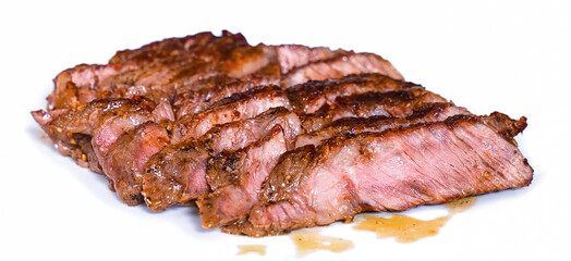 Beef steak grilled sliced meat isolated on white background. Homemade roasted beef steak, serving food for restaurant, menu, advert or package, close up, selective focus - 723255361