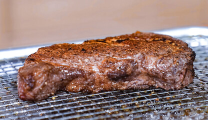 Beef steak grilled fillet meat with spices. Homemade roasted beef steak, serving food for restaurant, menu, advert or package, close up, selective focus - 723255392