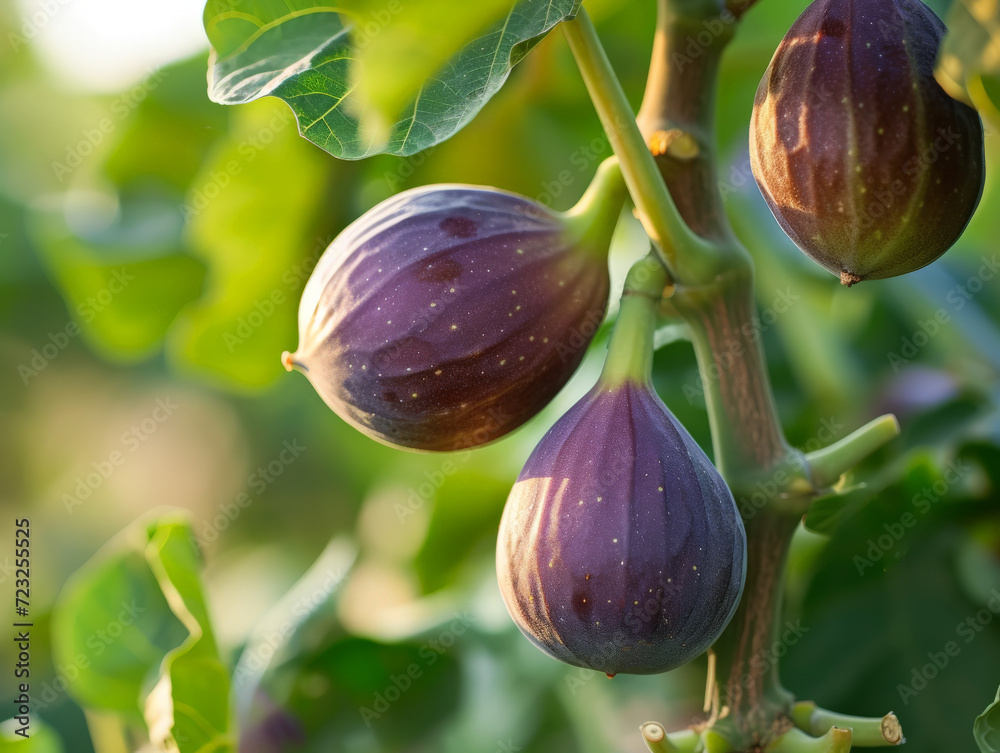 Sticker Purple figs ripening on the tree with sun filtering through leaves.